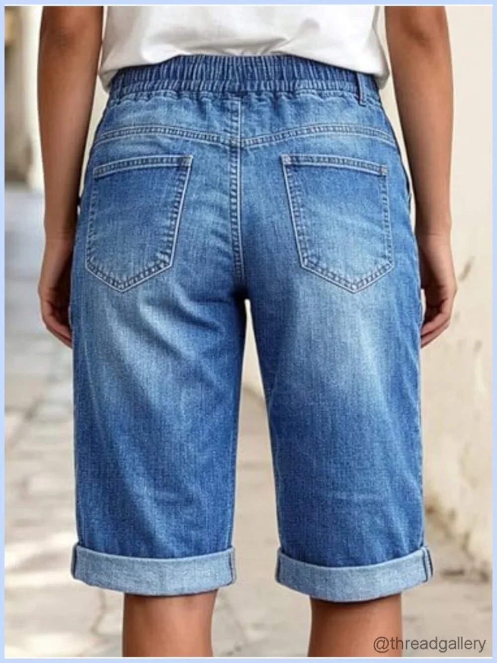 Mid Rise Straight Leg Bermuda Denim Shorts Drawstring Waist